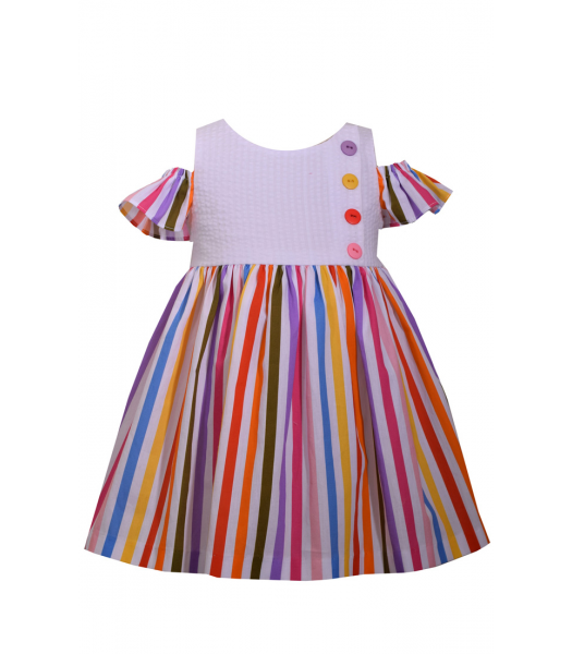 Bonnie Jean Multi/White/Rainbow Striped Cold Shoulder Dress
